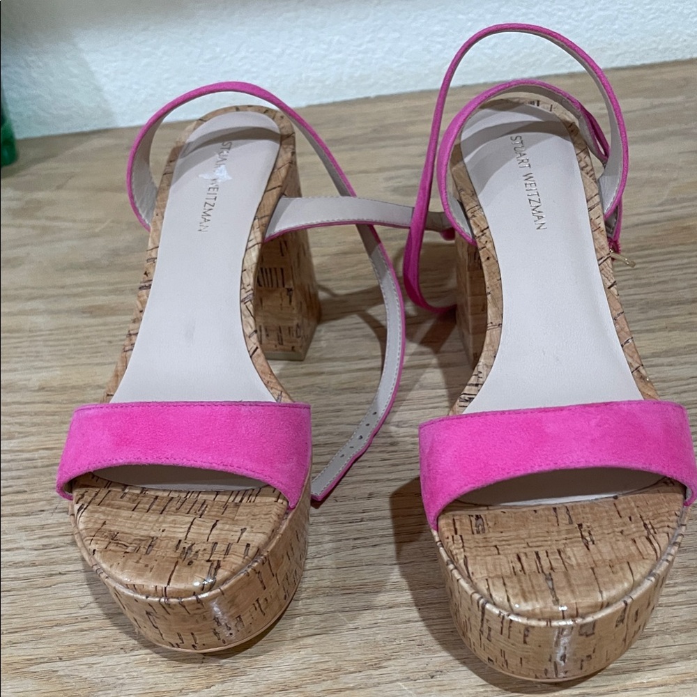 Stuart Weitzman Pink Cork Platform Sandals
